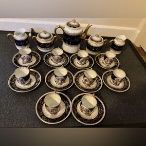 Dresden Hand Painted Porcelain Cobalt Figural Coffee or Tea Pot Set Blue Gold